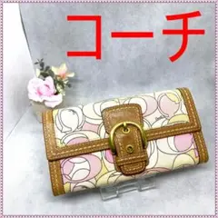 COACH コーチ キャンパスxレザー 長財布 ベージュxピンク 良品‼️