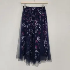 イッツデモ チュール レイヤード フラワープリント フレア スカート ミモレ丈