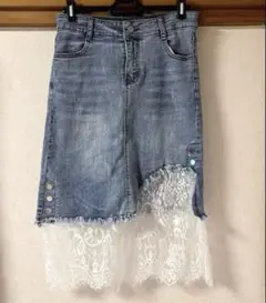 デニムスカート レース 透け感 シースルー シアー ダメージ加工 Mサイズ