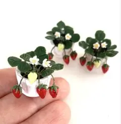 ミニチュア　苺　鉢植え　1個　ハンドメイド　白鉢植え
