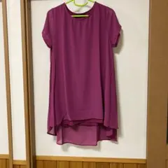 パープル 半袖チュニック 後ろ長め