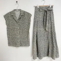 900 レトロ風 薄緑 シャツ&スカートセット 袖なしシャツ 巻きスカート