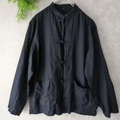 [無印良品]リネン100%黒のチャイナ風カーディガン ゆったりサイズ