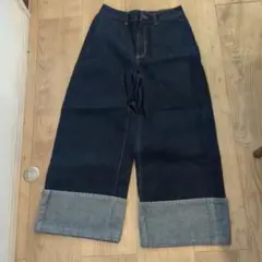ダークブルーデニムワイドレッグパンツ