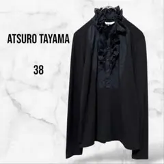 【タツロタヤマ】長袖カットソーブラウス(38/M)黒 胸元フリル 異素材切り替え