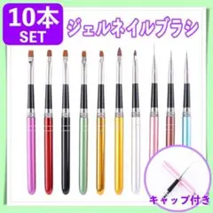 10本 ジェル ネイルブラシ キャップ付き 筆 アート ジェルネイル 10色