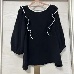 honeys フリル付き黒五分袖トップス