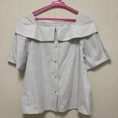 美品　ViS ビス　ラメミックスオフショルダー風ストライプシャツ