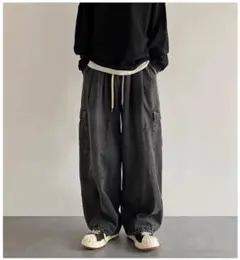 カジュアル ワイドパンツ デニム ストリート ジーンズ 黒 XL ゆったり 韓国