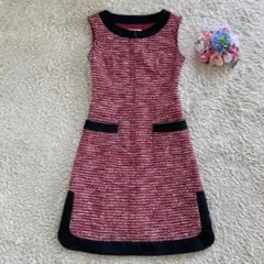【美品】ルネ ツイード ノースリーブ ロングワンピース 切替 レッド 34 S