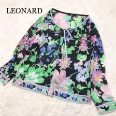 【未使用級】レオナール カンカン素材 花柄 カーディガン リボン シースルー M