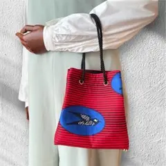 赤と青のストライプ 魚プリント ショルダーバッグ