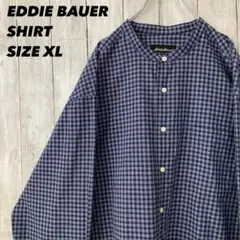 EDDIE BAUERエディーバウアー　長袖チェック柄ノーカラーシャツXL 古着