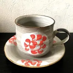 ☆未使用品 昭和レトロ 焼物 手描き 赤絵 カップ&ソーサ