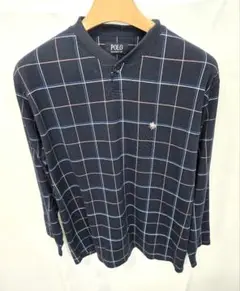 POLO ポロ 長袖Tシャツ L チェック柄 ネイビー ロゴ カットソー