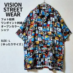 VISION フォト総柄 ロゴ刺繍 半袖 オープンカラーシャツ L