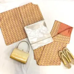 【1353】着物 小紋 袷 正絹 単品販売 生成 オレンジ