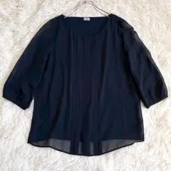 ns149 美品✨レミュー 七分袖シフォンブラウス 綺麗め 濃紺 ピンタック