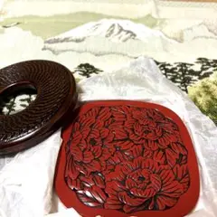 伝統工芸品 仙台堆朱 土瓶敷 欅釜敷き 茶道具セット 時代物の未使用品2つセット