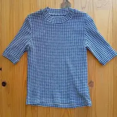 紺と白のチェック 半袖Tシャツ