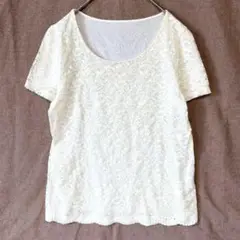 ミッシェルクラン♦カットソー Tシャツ 半袖 M レース 綿 日本製 ホワイト