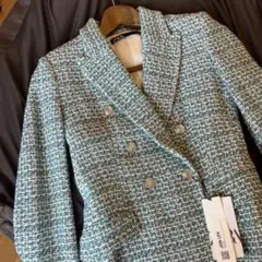 ZARA ツイード テーラード ジャケット 青 緑