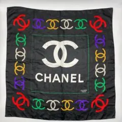 【極美品】CHANEL 大判スカーフ ハンカチ ココマーク 総柄 ブラック