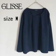 【GLISSE】美品 タック ラウンドネック長袖トップス 伸縮性 きれいめ 紺色