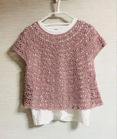 月末SALE☆手編み☆丸ヨークのベスト　くすみピンク