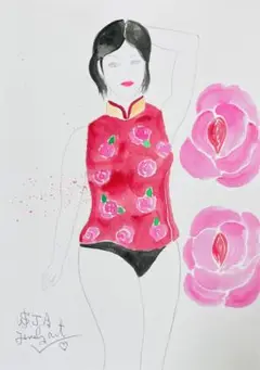 自画像ドローイング♡A4水彩アクリル絵画原画抽象画