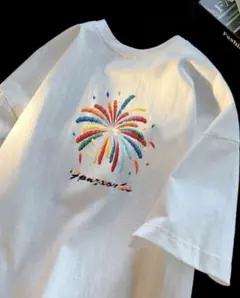 韓国オーバーサイズ　花火プリント ホワイト 男女兼用Tシャツ