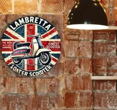 【ブリキ看板】スクーターLambretta イギリス国旗 ヴィンテージ風 丸型