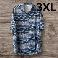 (5)メンズ大きいサイズ半袖総柄シャツブルーエスニック3XL新品未使用