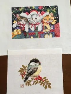 アメリカ(ディメンション社)クロスステッチ刺繍完成品　仔猫と小鳥
