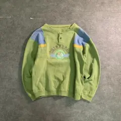 ハーフボタン　配色スウェット　刺繍＆プリント入り　古着used 6TAS3