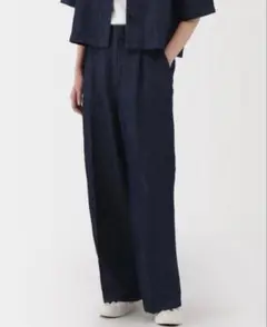 無印良品 ヘンプ混デニム　タックワイドパンツ ネイビー　Ｌサイズ