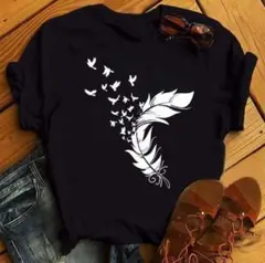 羽根と鳥のハーモニーTシャツ・M♡フラダンス ハワイアン♡おしゃれ 黒モノトーン