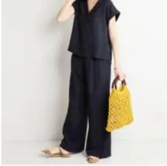 SLOBE IENA リネンライク ブラウス×パンツ セットアップ　ネイビー36