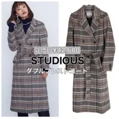 STUDIOUS ステュディオス チェック ベルテッド ダブルブレスト コート