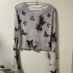 蝶プリント ベージュ 長袖トップス Fサイズ