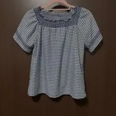 チェック柄半袖ブラウス　ネイビーＭ