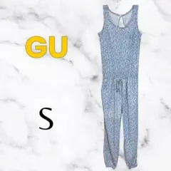 美品✨【GU】ペイズリーオールインワン　透け感　ウエストゴム　さらさら　ブルーS