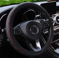 車 ハンドルカバー ステッチ ステアリングカバー 赤 軽自動車　自動車 波型