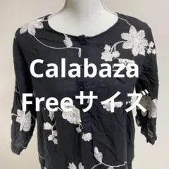 Calabaza花柄刺繍の黒シャツ 3/4袖 Fファッション トップス