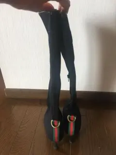 グッチ トリコロール柄 黒ブーツ GUCCI 37ハーフ