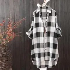 チェック柄 ロング シャツ ロングブラウス 長袖 Lサイズ 韓国 黒白