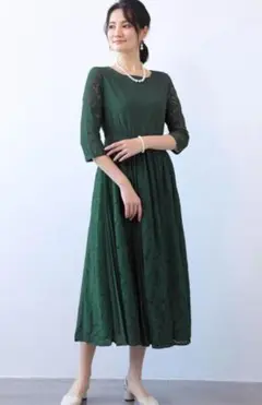 Cinderella レース切替7分袖ワンピース グリーン XL