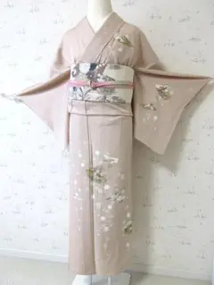 単衣・訪問着・しだれ菊・色紙に花・ベージュピンク・正絹　M‐31