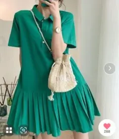 グリーン シャツワンピース 半袖 プリーツ