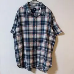 GAP チェックシャツ 半袖 XL コットンリネン混 ネイビー レッド ゆるだぼ